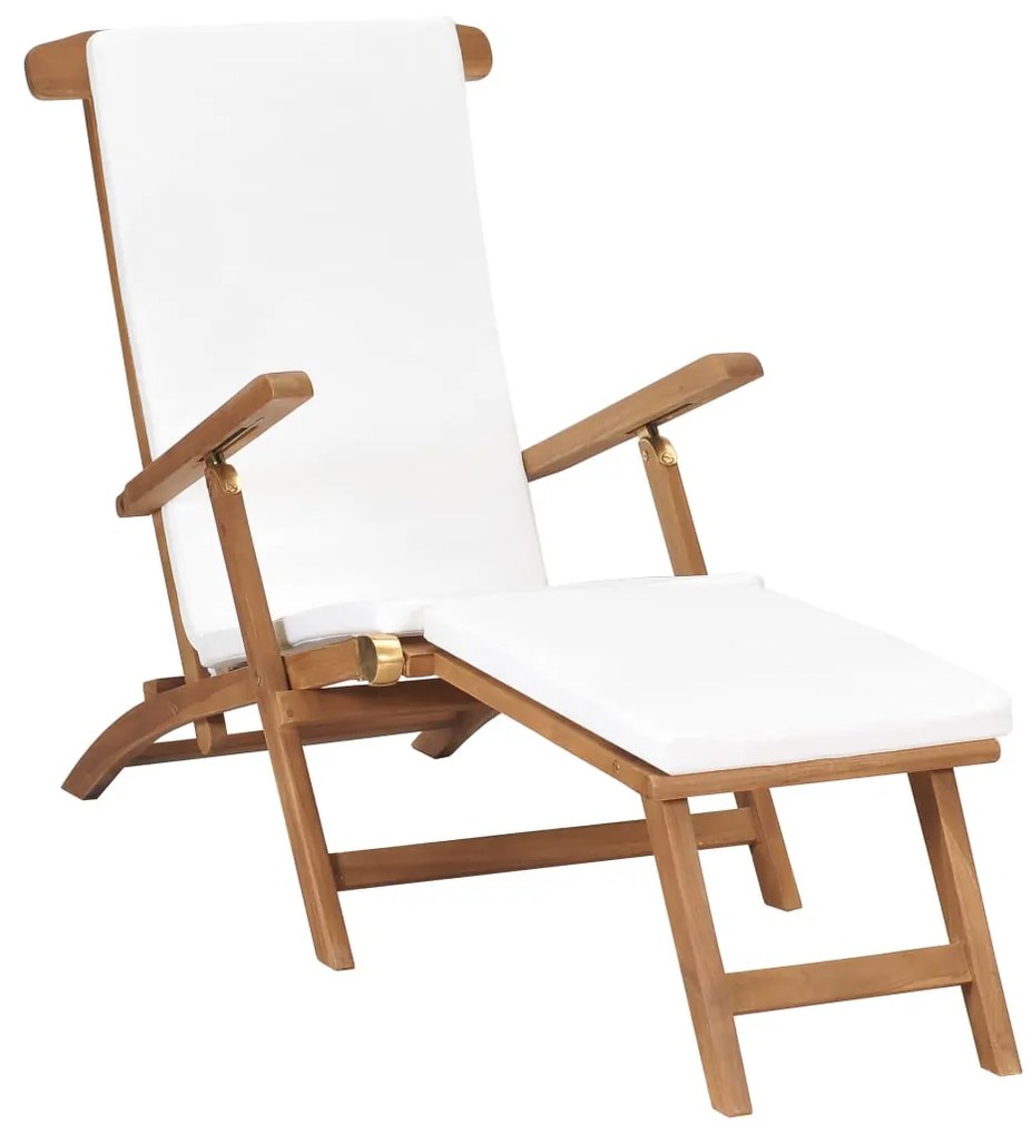 Sedia a sdraio con cuscino bianco crema legno massello di teak