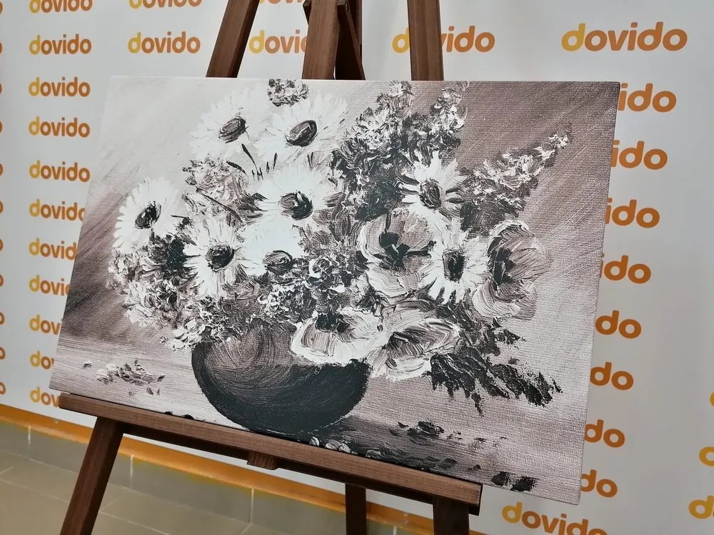 Stampa su tela – Dipinto a olio di fiori estivi in bianco e nero