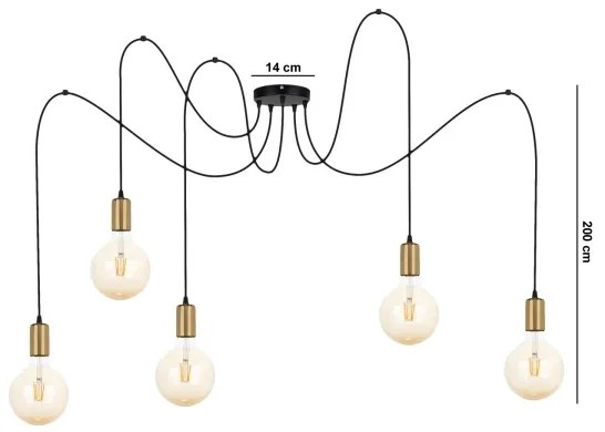 Lampadario a sospensione con filo MIROS 5xE27/60W/230V ragno nero/oro