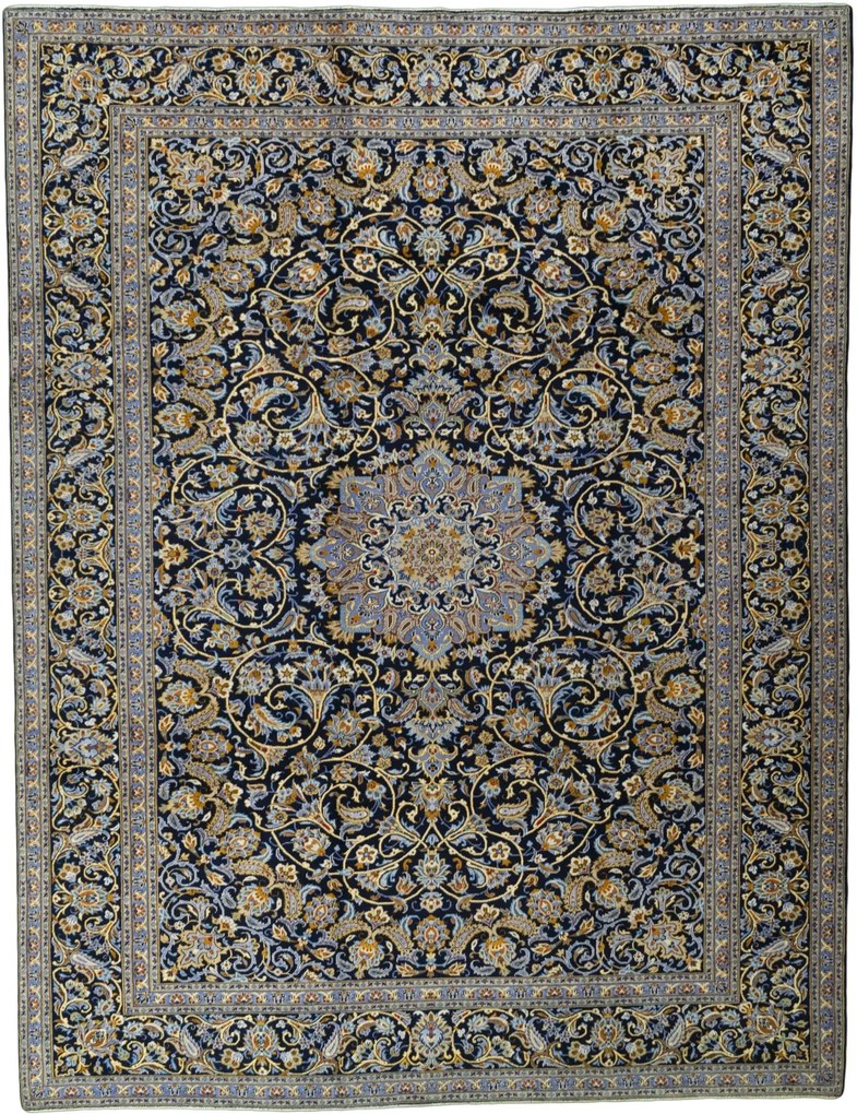 Kashan Tappeto 410x320 Blu (Iran) Annodato A Mano