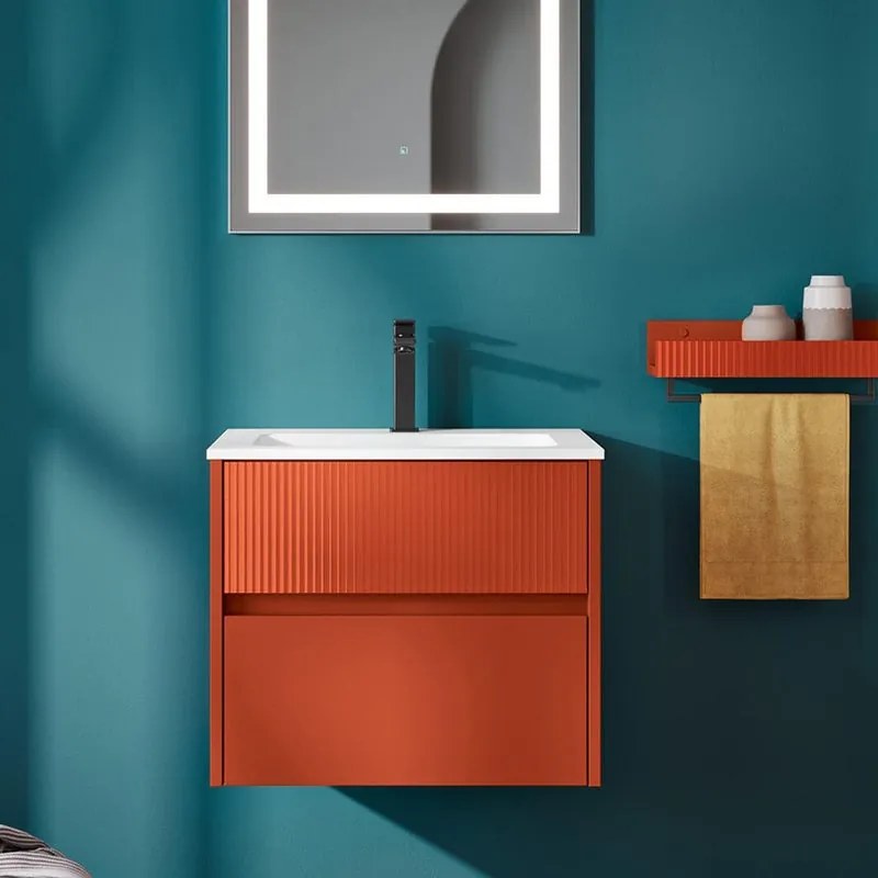 Mobile bagno sospeso con lavabo Niwa 2 cassetti per vasca centrale, laccato opaco paprika con vetro paprika cannettato