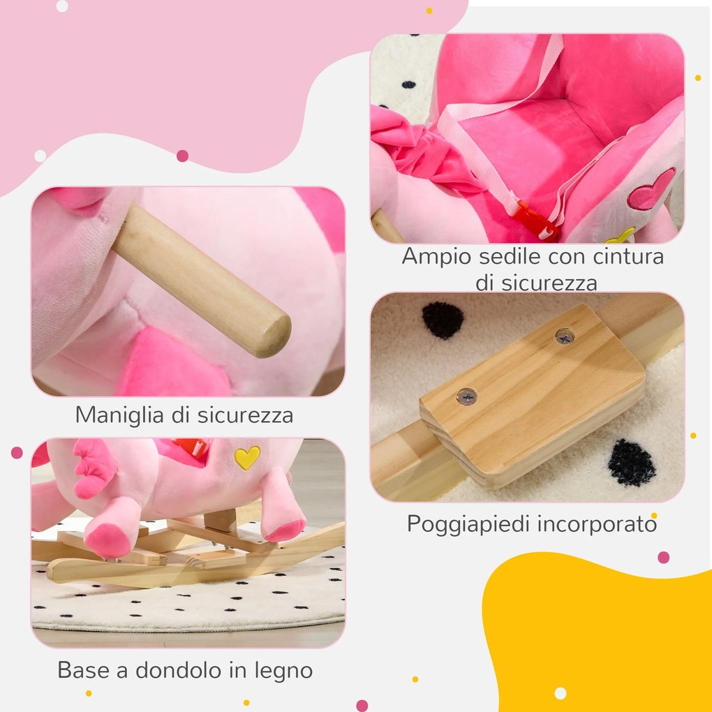 Unicorno a Dondolo Cavalcabile Peluche con 32 Canzoni 65x35x45 cm con Cintura di Sicurezza Rosa...