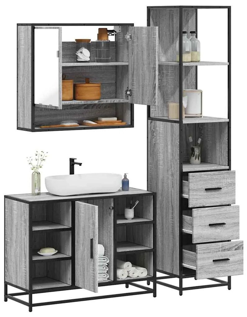 Set Mobili Da Bagno 3 Pz Grigio Sonoma İn Legno Multistrato /