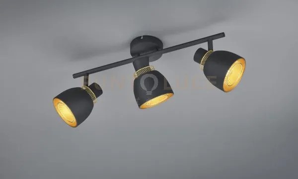 Punch barra 3 spots metallo nero e oro l. 46cm attacco e14