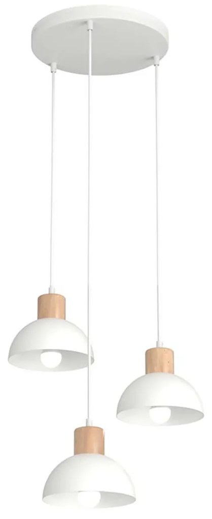 Sospensione Nordica 3 Luci Thoth Base Tonda In Acciaio Bianco E Legno Naturale