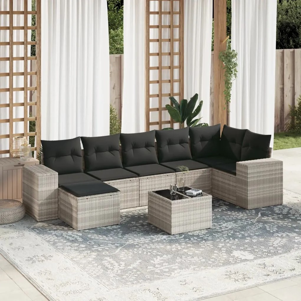 Set divano da giardino 8pz con cuscini grigio chiaro polyrattan