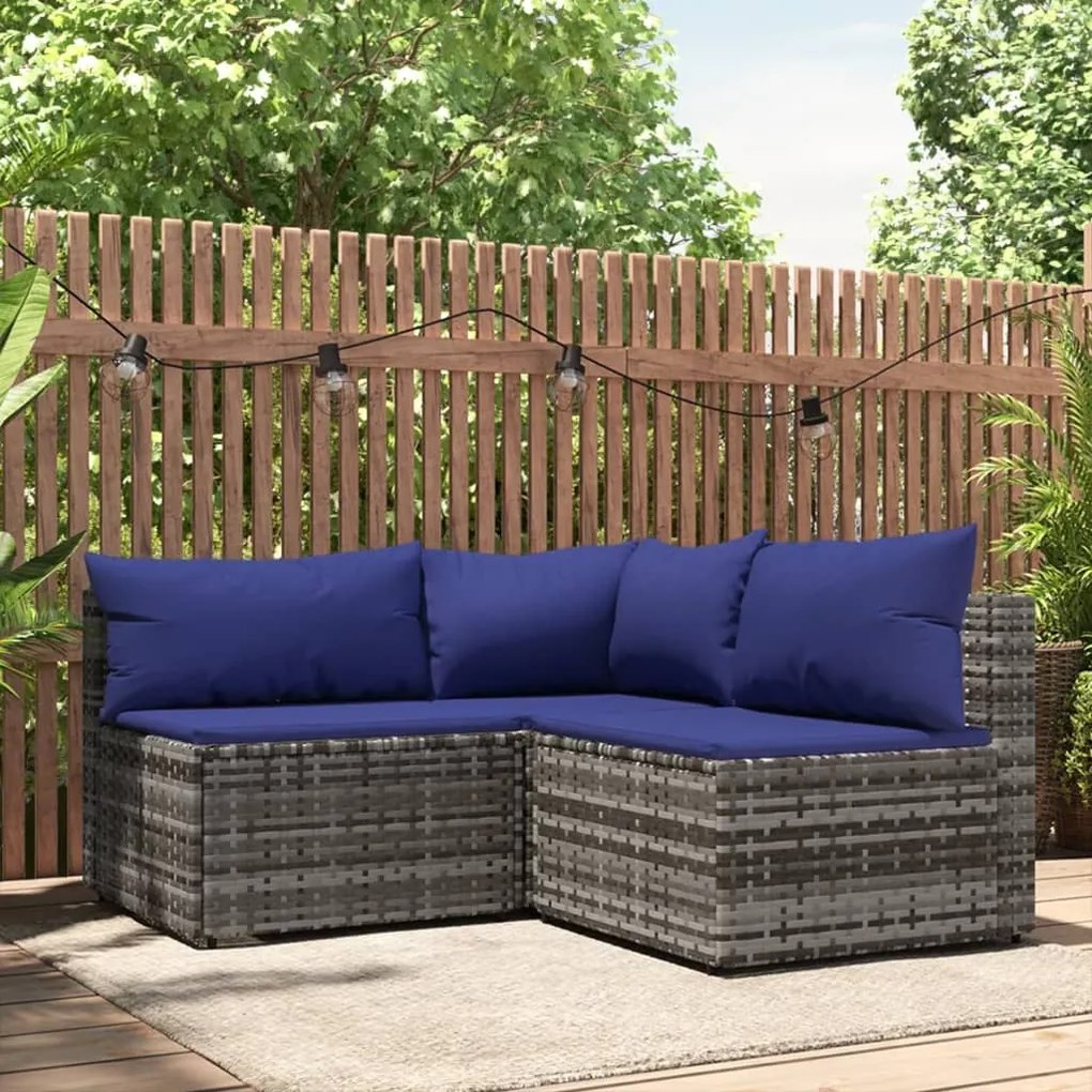 Set divani da giardino 3 pz con cuscini in polyrattan grigio