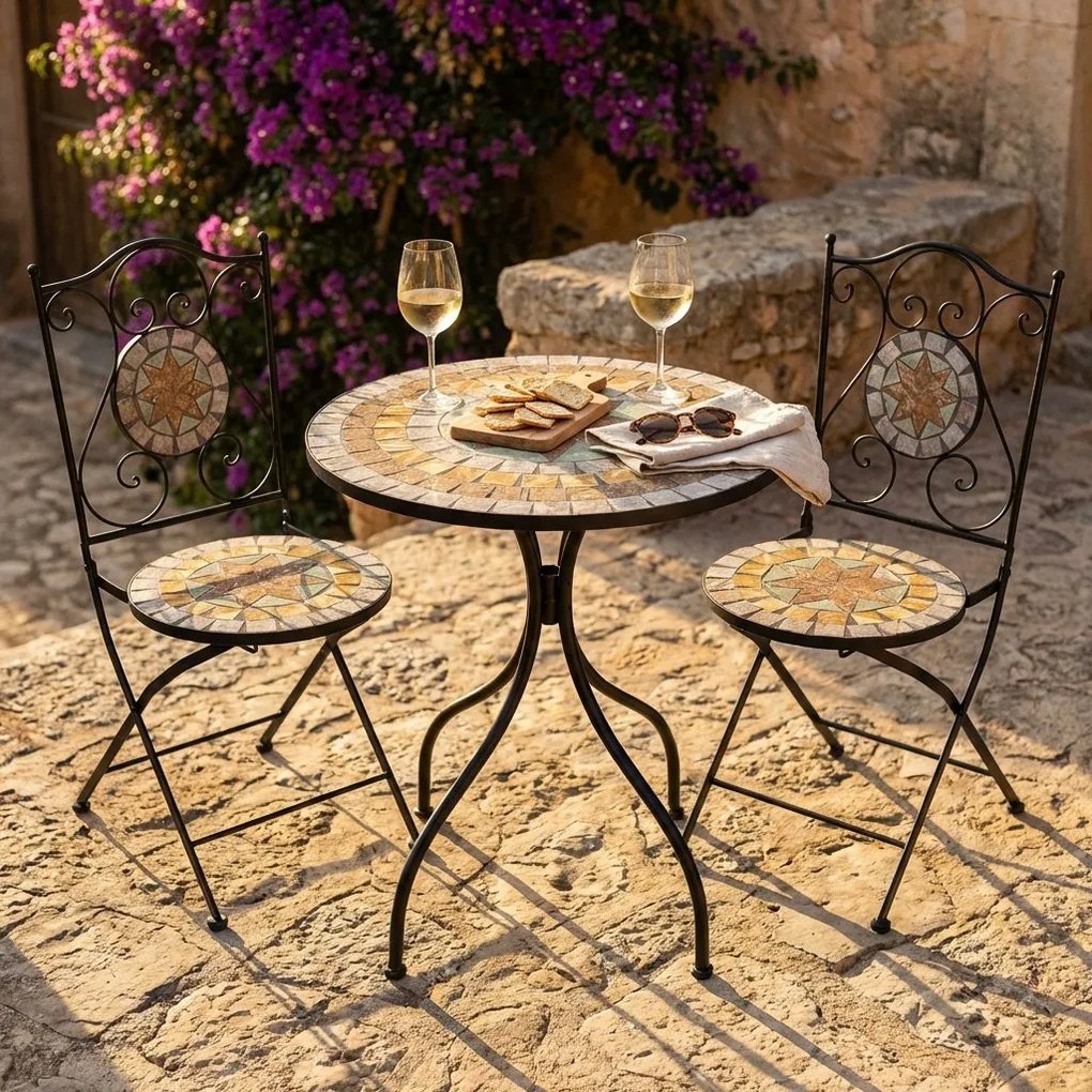 NISA - set due sedie pieghevoli e tavolo rotondo con decori