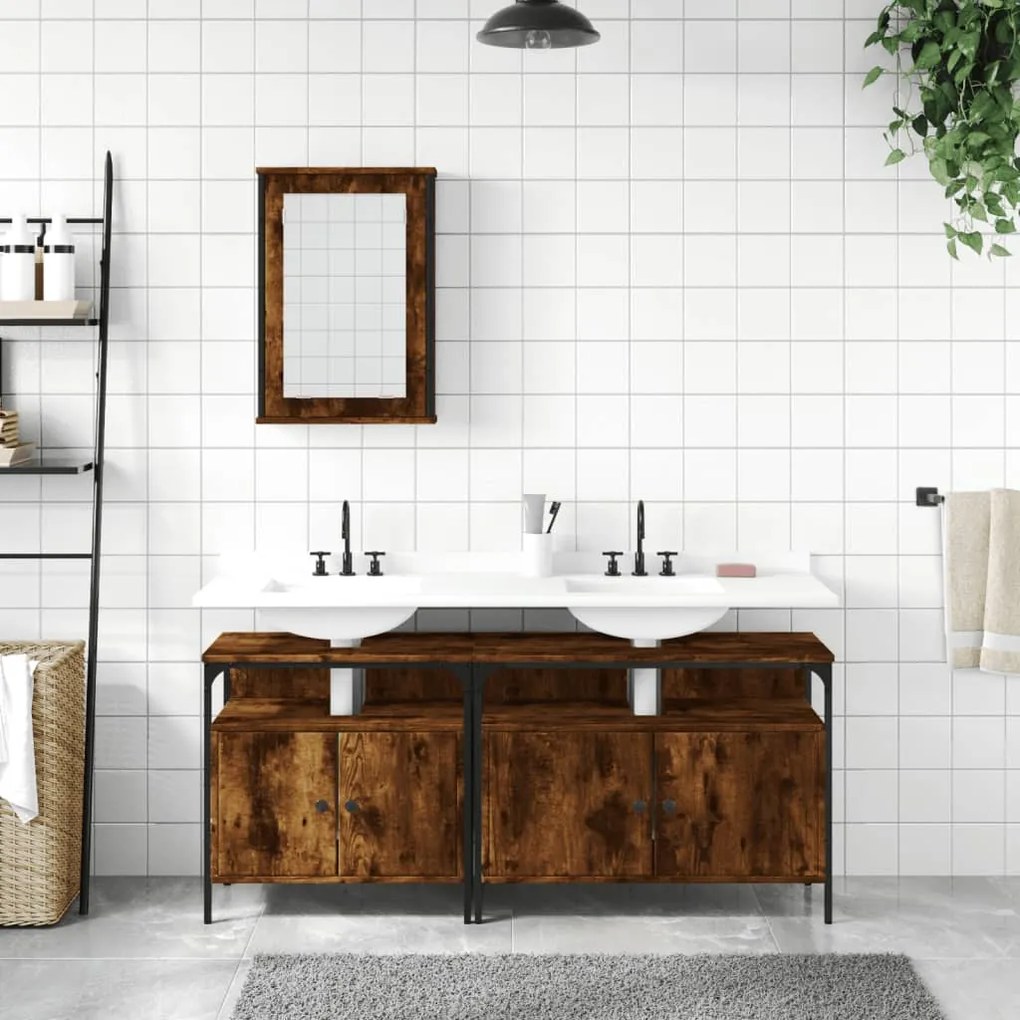 Set mobili da bagno 3 pz rovere fumo in legno multistrato