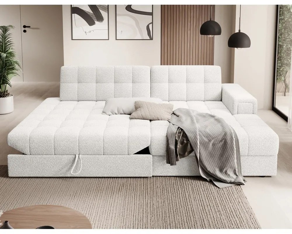 Divano angolare color crema allungabile (con penisola a destra/con chaise lounge) con rivestimento in bouclé Blezalt – ELTAP