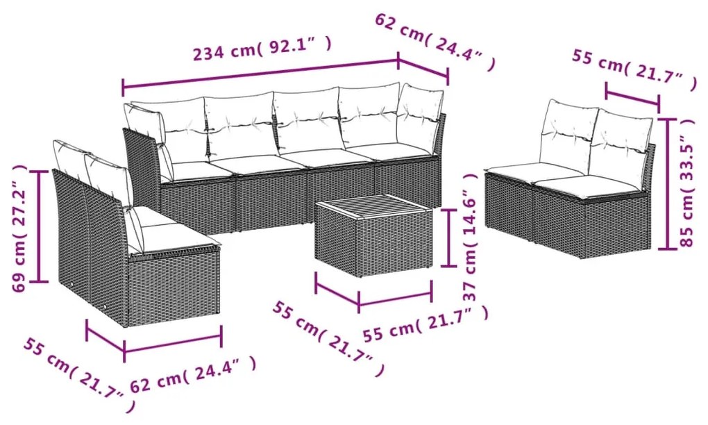 Set divani da giardino 9 pz con cuscini nero in polyrattan