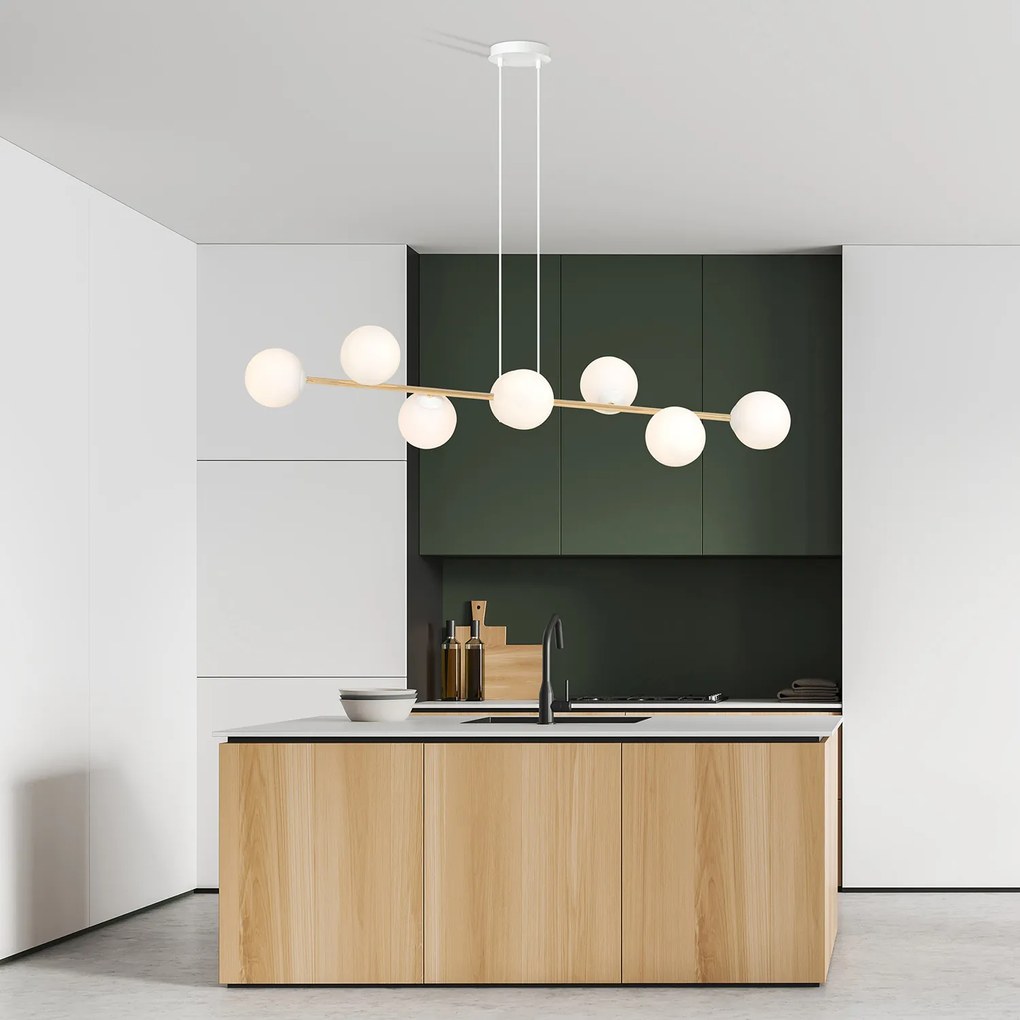 Sospensione Contemporanea Rhiannon 8 Luci In Acciaio Bianco E Oro E Vetro Bianco