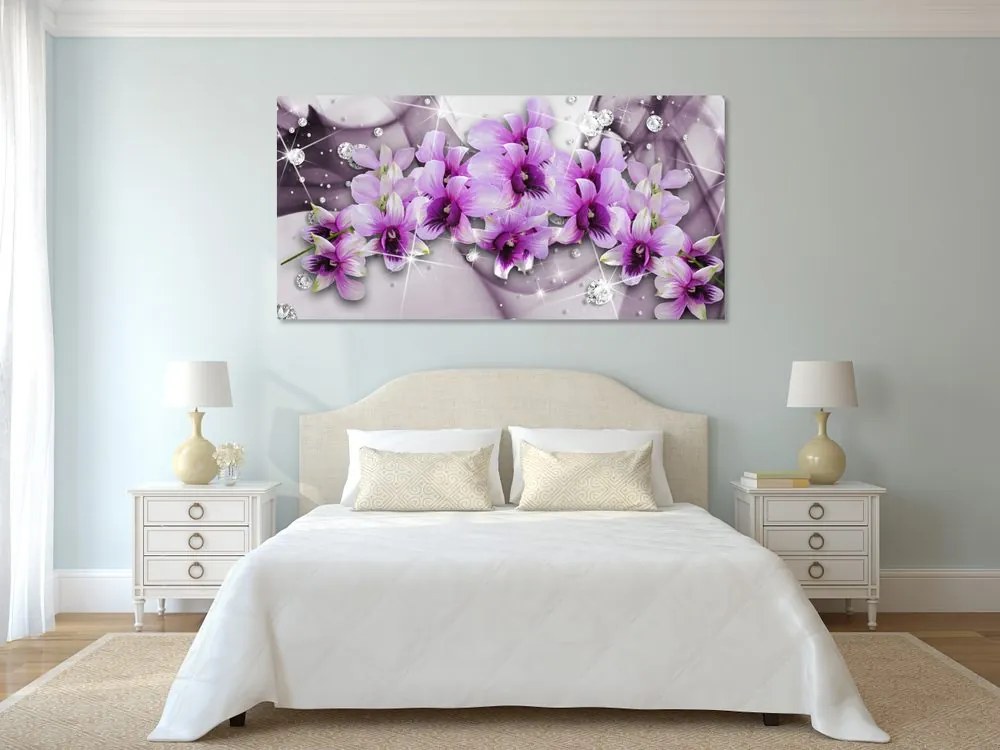 Quadro su tela – Fiori viola su sfondo astratto