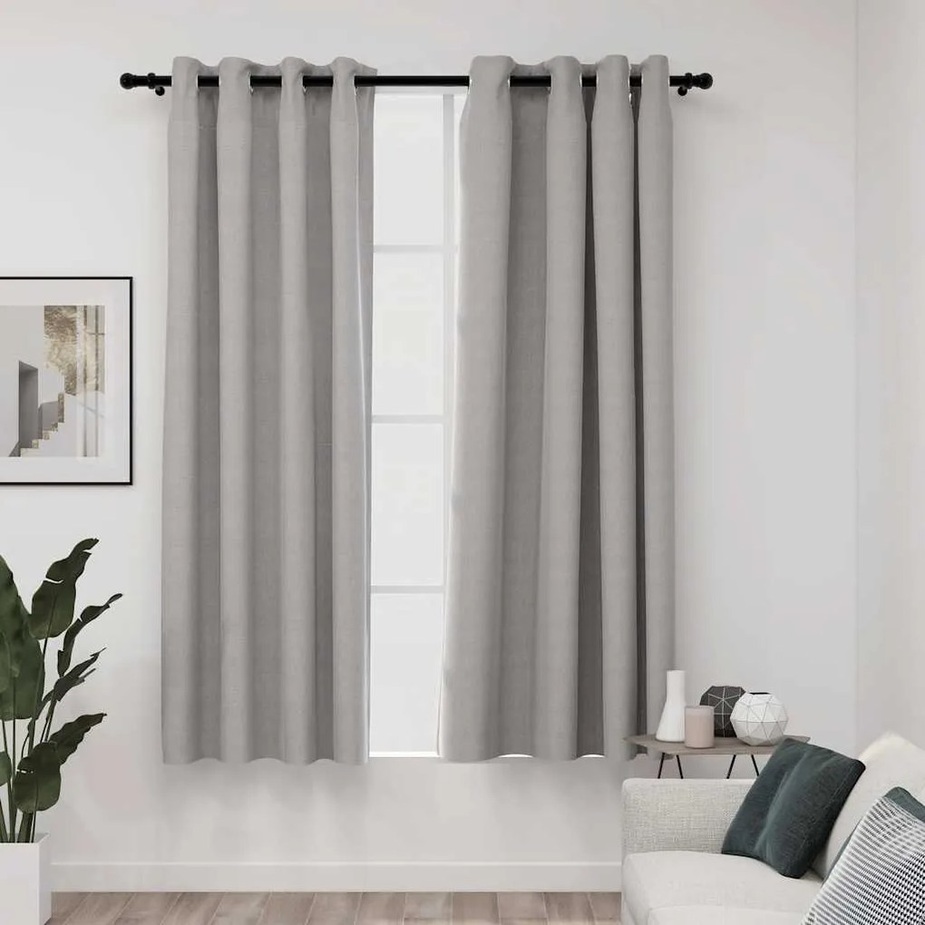 Tende Oscuranti Effetto Lino Con Occhielli 2pz 140x175cm Grigio /