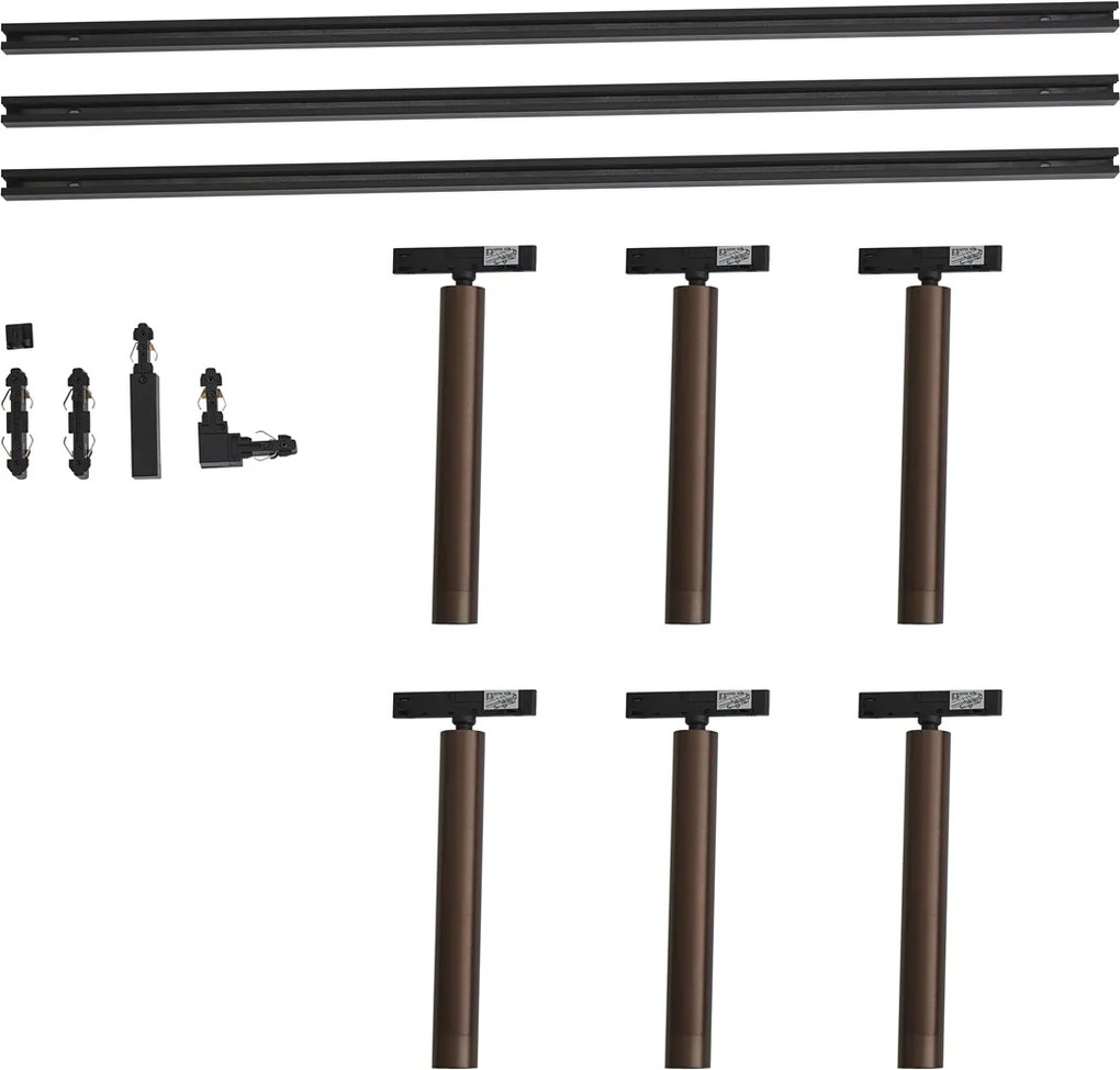 Sistema di illuminazione a binario moderno nero con 6 faretti bronzo scuro monofase - Slimline Avery