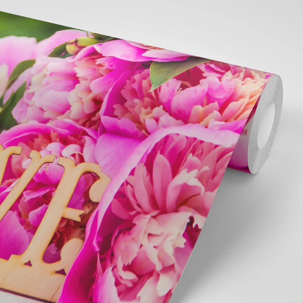 Carta da parati – Peonie con scritta Love