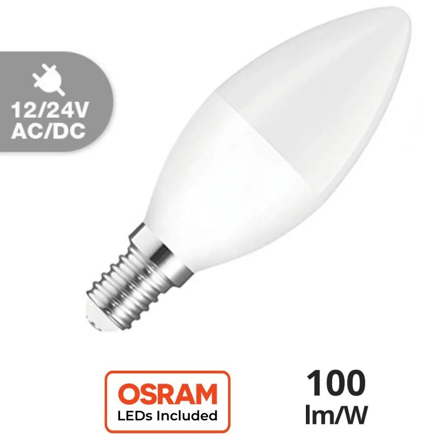 Lampadina LED E14 6W, 12/24V AC/DC, C37 - OSRAM LED Colore Bianco Freddo 6.000K