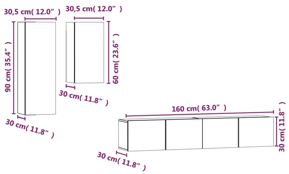 Set di Mobili Porta TV 4 pz Grigio Sonoma in Legno Multistrato