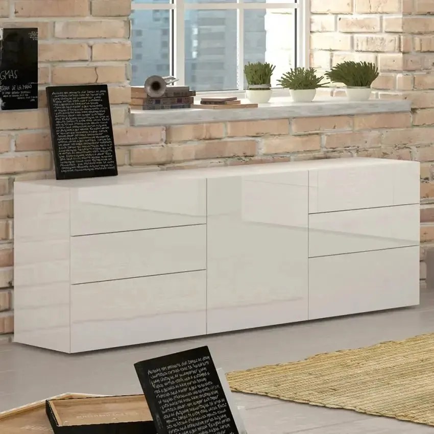 Credenza Moderna con 1 Anta e 6 Cassetti METIS Bianco Lucido