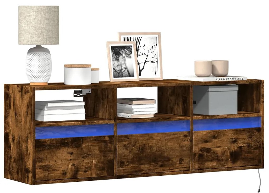 Mobile Tv A Parete Con Luci Led Rovere Fumo 130x31x45 Cm /