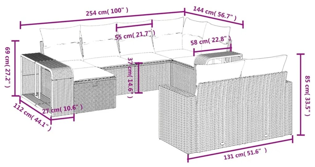 Set divano da giardino 10 pz con cuscini grigio in polyrattan