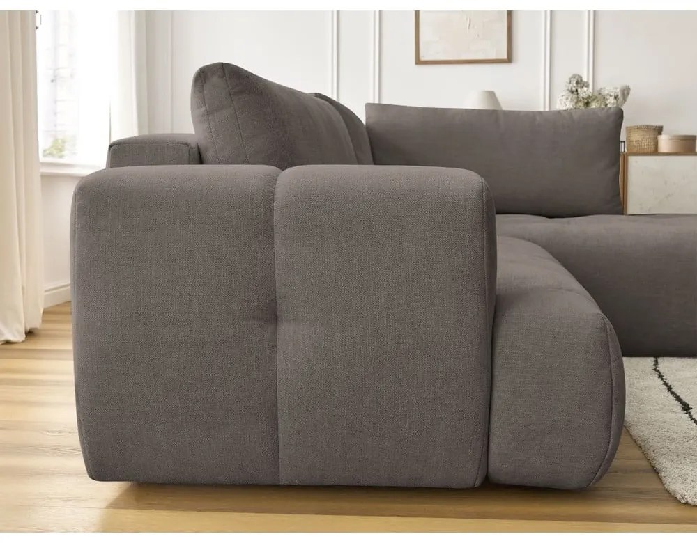 Divano angolare grigio tortora allungabile e con contenitore (penisola a destra/a L) con rivestimento in ciniglia Fuji – Bobochic Paris