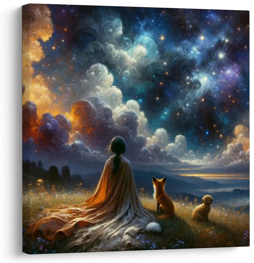 Quadro su tela – Figura con volpe e cane