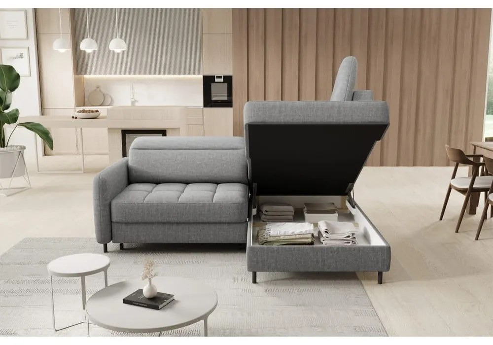 Divano angolare grigio allungabile/con contenitore (con penisola a destra/a L) e rivestimento in velluto Barea – ELTAP