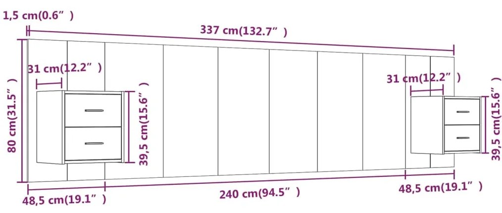 Testiera Letto con Comodini in Legno Multistrato Rovere Fumo