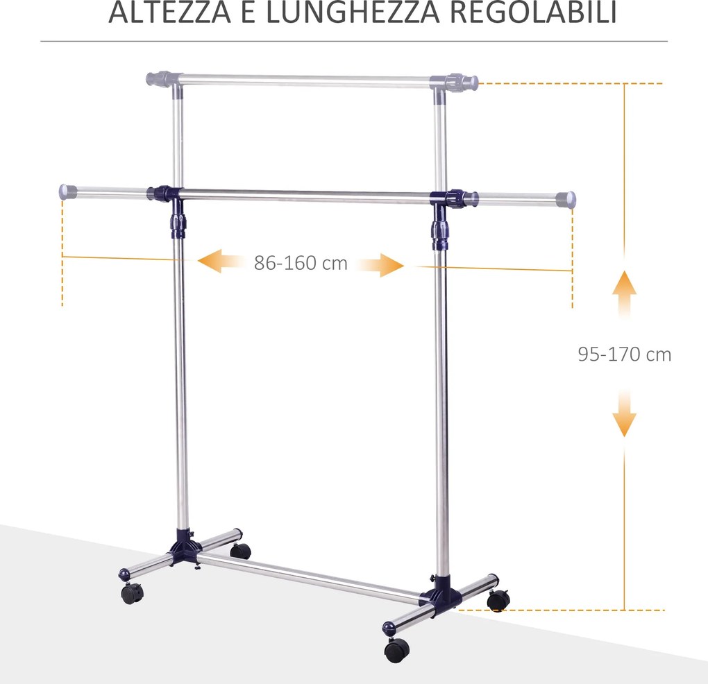 Stender Appendiabiti Larghezza e altezza regolabili con Ruote in Acciaio Inox 160x170 cm...