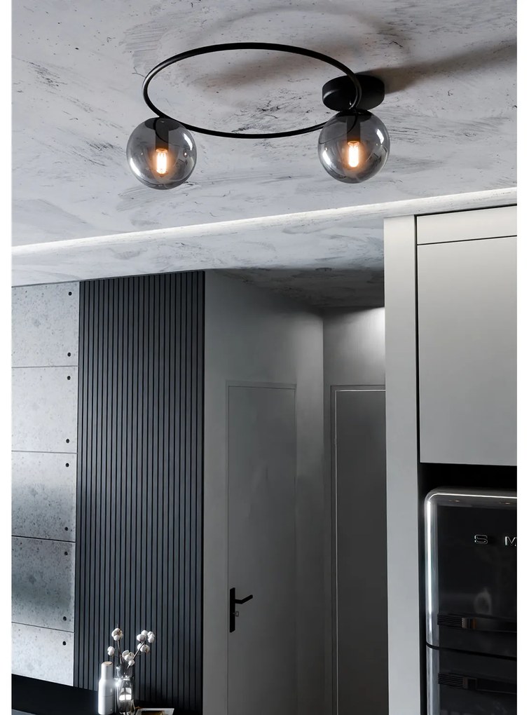Plafoniera Minimal 2 Luci Perseo In Acciaio Nero E Sfere In Vetro Fumè