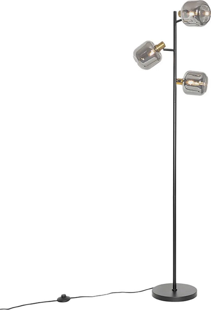 Lampada da terra nera con oro e vetro fumé 3 luci - Zuzanna