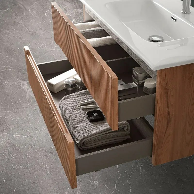 Mobile bagno sospeso cannettato 60 cm noce canaletto con lavabo Bali