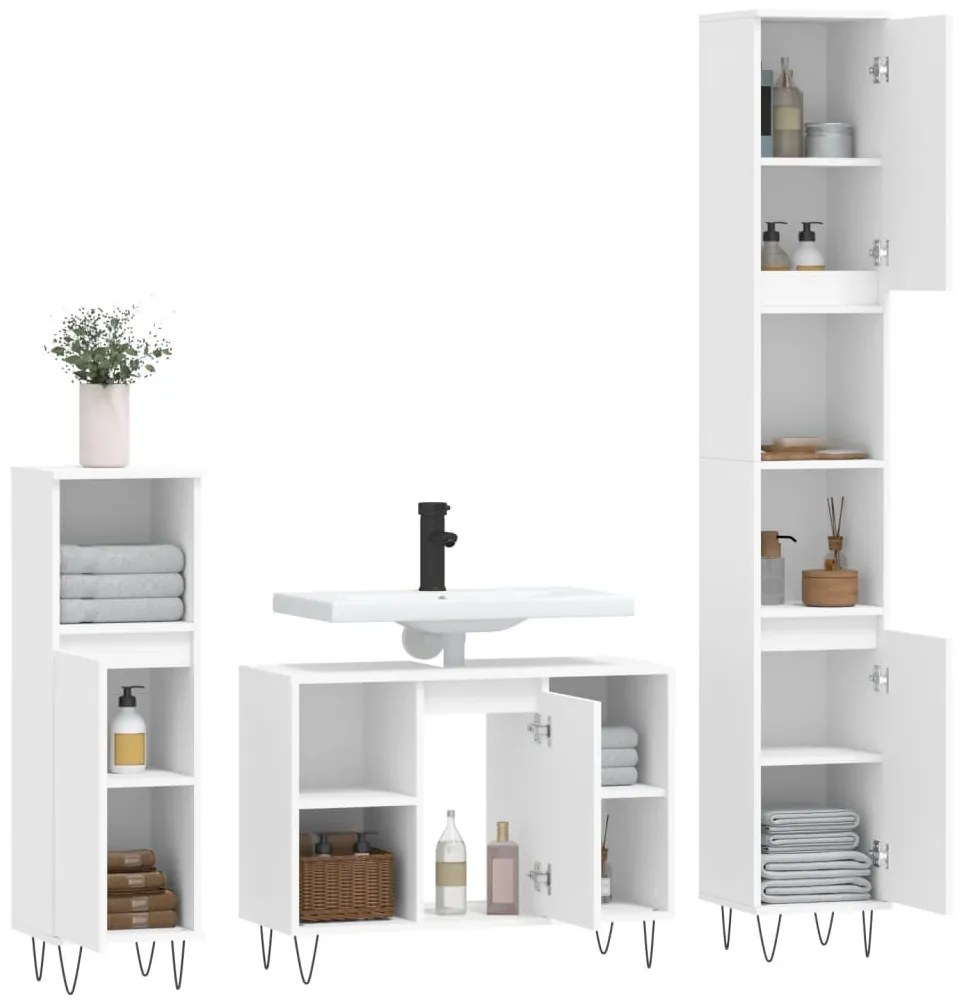 Set mobili da bagno 3 pz bianco in legno multistrato