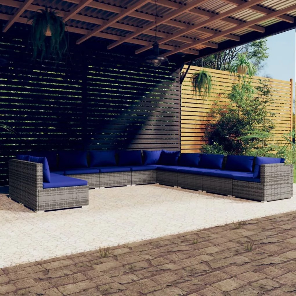 Set Divani da Giardino 11 pz con Cuscini in Polyrattan Grigio