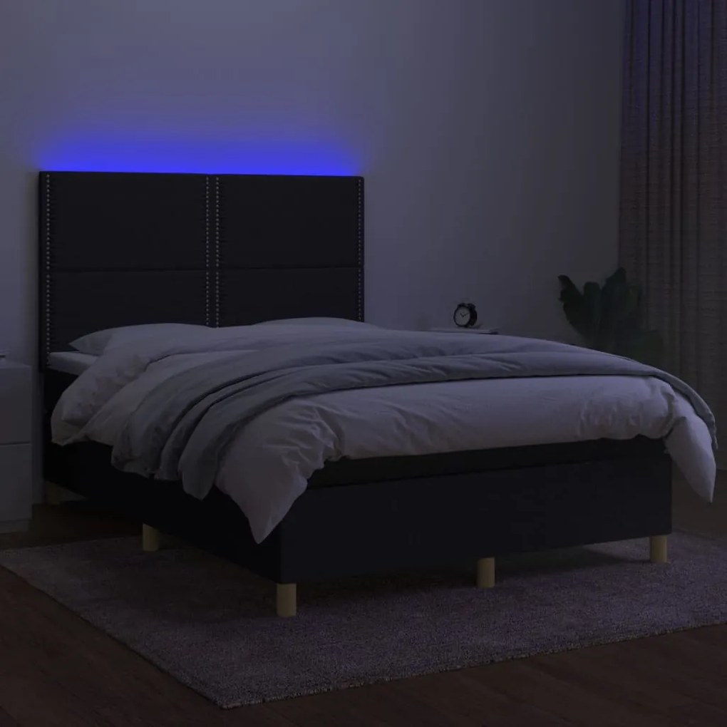 Letto a molle con materasso e led nero 140x200 cm in tessuto