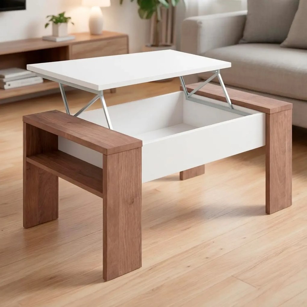 Tavolino Da Salotto Trasformabile Con Piano Sollevabile E Vano Contenitore Tavolo Moderno Per Living Soggiorno Smart Working 98 x 50 x 43 cm Colore Bianco E Noce