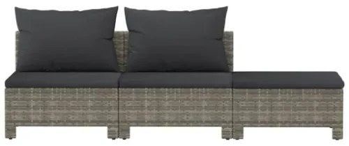 Set Divani da Giardino 3 pz con Cuscini in Polyrattan Grigio