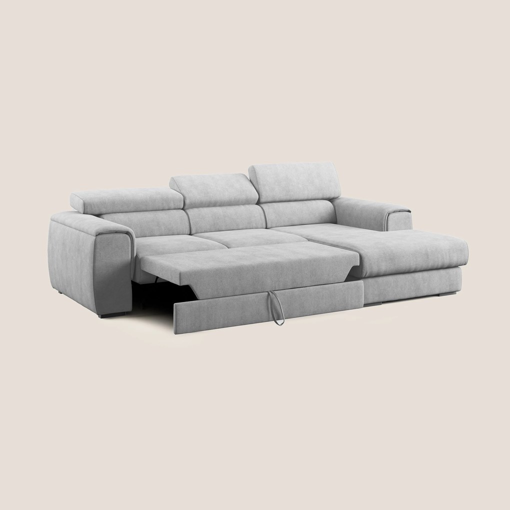 Zeno Divano angolare con pouf estraibile poggiapiedi in tessuto morbido impermeabile T02 grigio chiaro