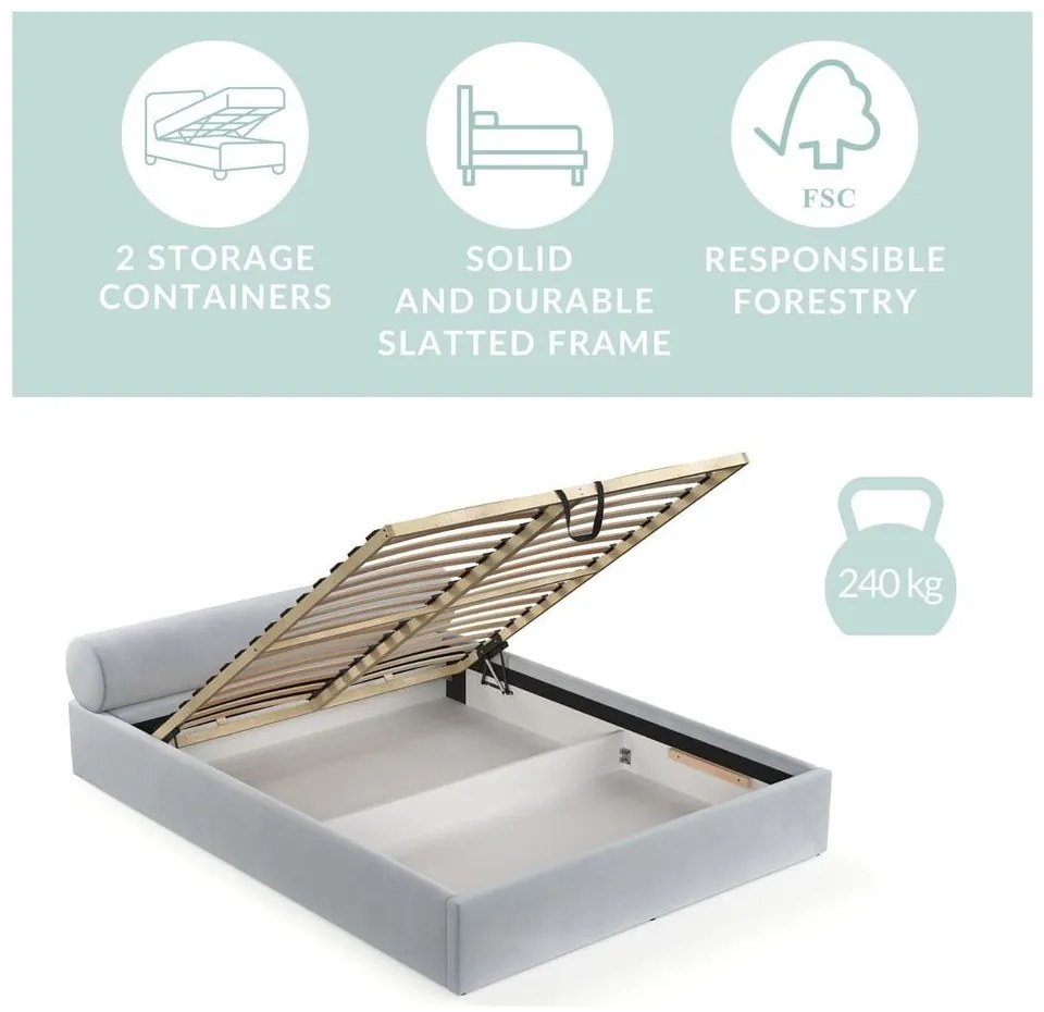 Letto matrimoniale imbottito marrone chiaro con contenitore e rete inclusi 200x200 cm Solvo – Maison de Rêve