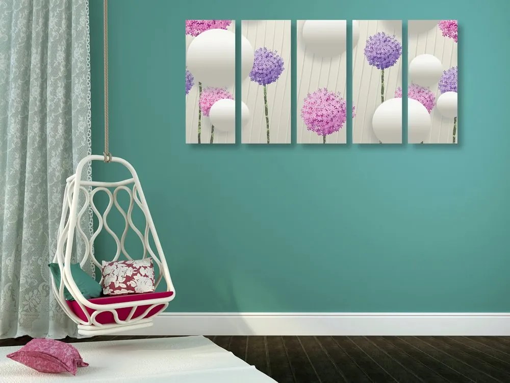 Quadri 5 pezzi – Fiori interessanti con elementi e motivi astratti