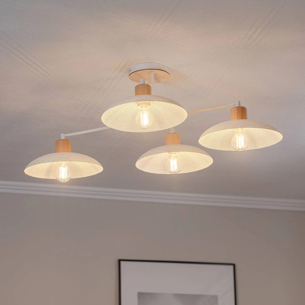 EMIBIG LIGHTING Plafoniera Kobe, 4 luci, acciaio, legno, bianco