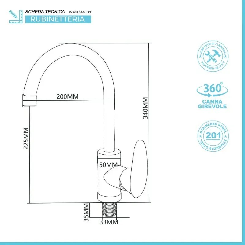 Lavatoio in resina 50x35 bianco con miscelatore a canna alta inox e scarico incluso
