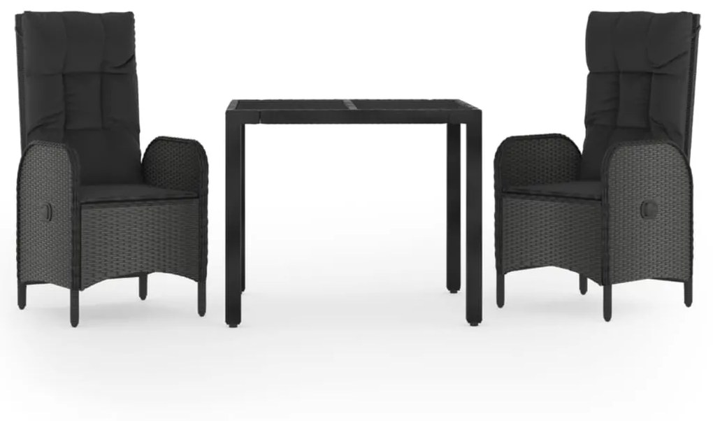 Set da pranzo da giardino 3 pz con cuscini nero in polyrattan