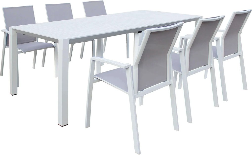 ARIZONA - set tavolo in alluminio cm 100 x 51,50/104/156/208/260 x 74 h con 6 poltrone Lotus