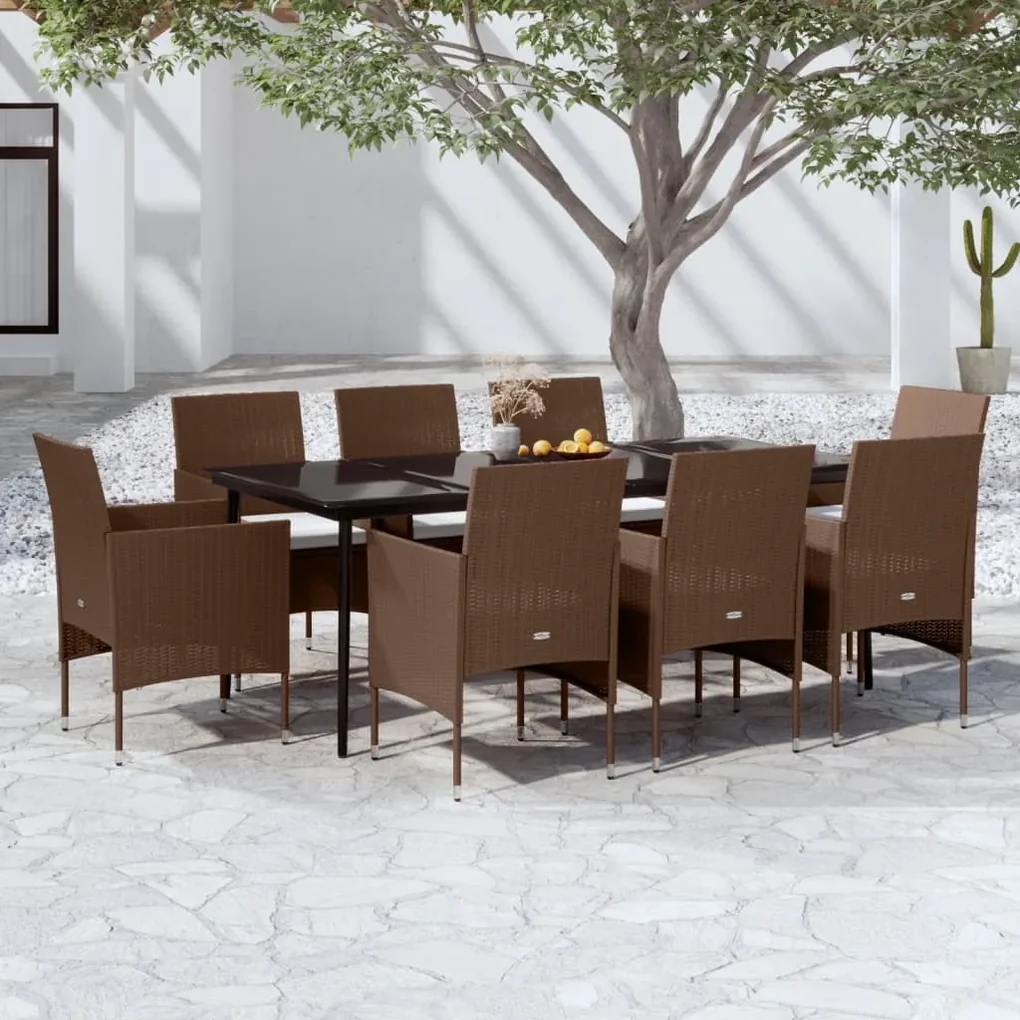 Set da pranzo da giardino con cuscini 9 pz marrone e nero