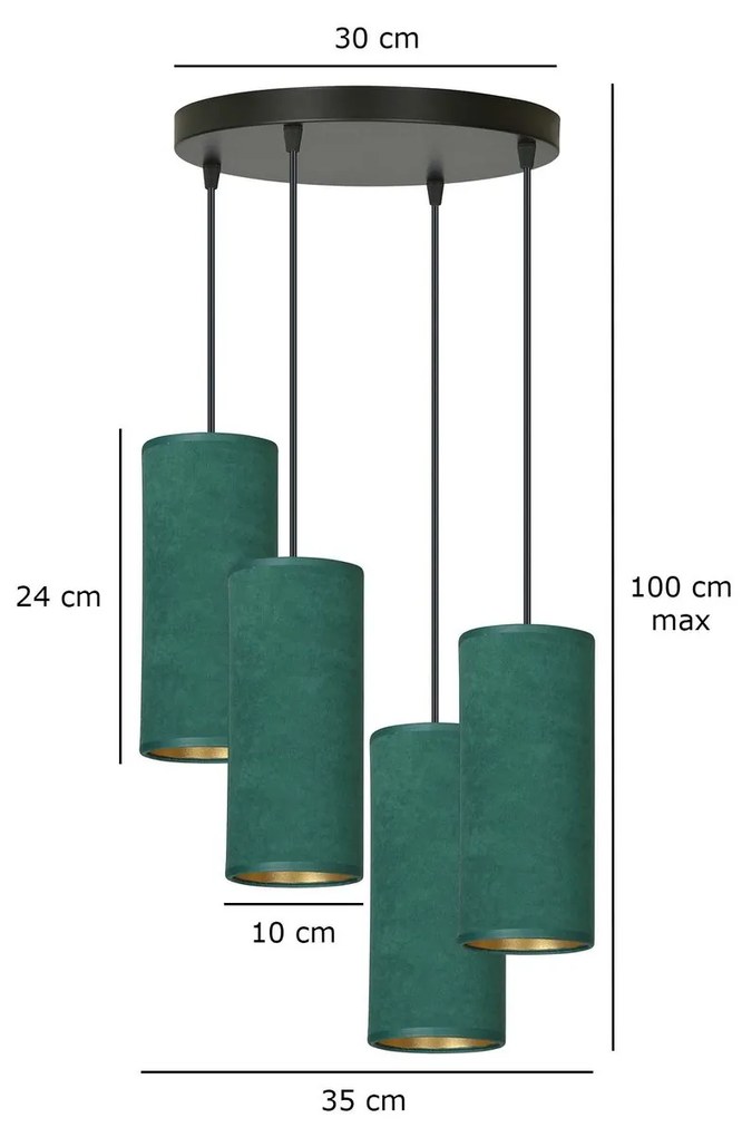 Sospensione Tonda 4 Luci Bente In Acciaio Nero E Paralumi Verde E Oro