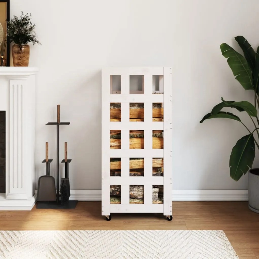 Portalegna Con Ruote Bianco 40x49x110 Cm Legno Massello Di Pino /