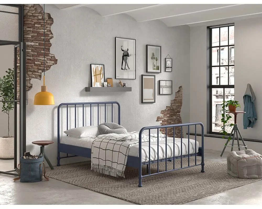 Letto singolo blu in metallo con rete 140x200 cm BRONXX - Vipack