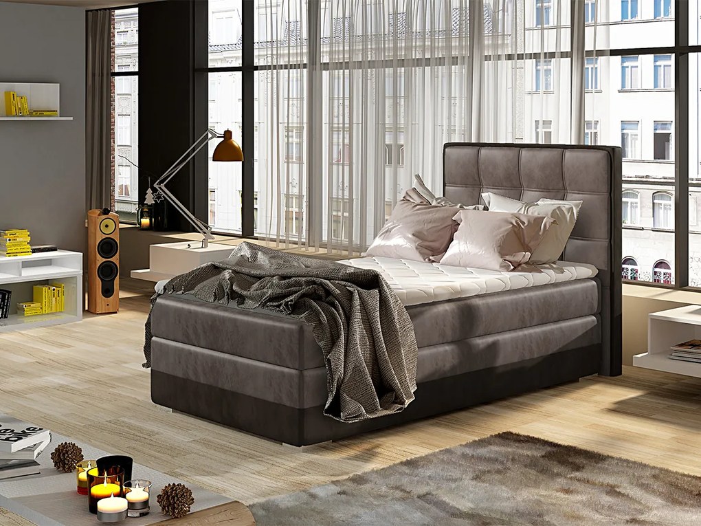 Letto singolo boxspring Lima - Tessuto nocciola scuro + tessuto marrone